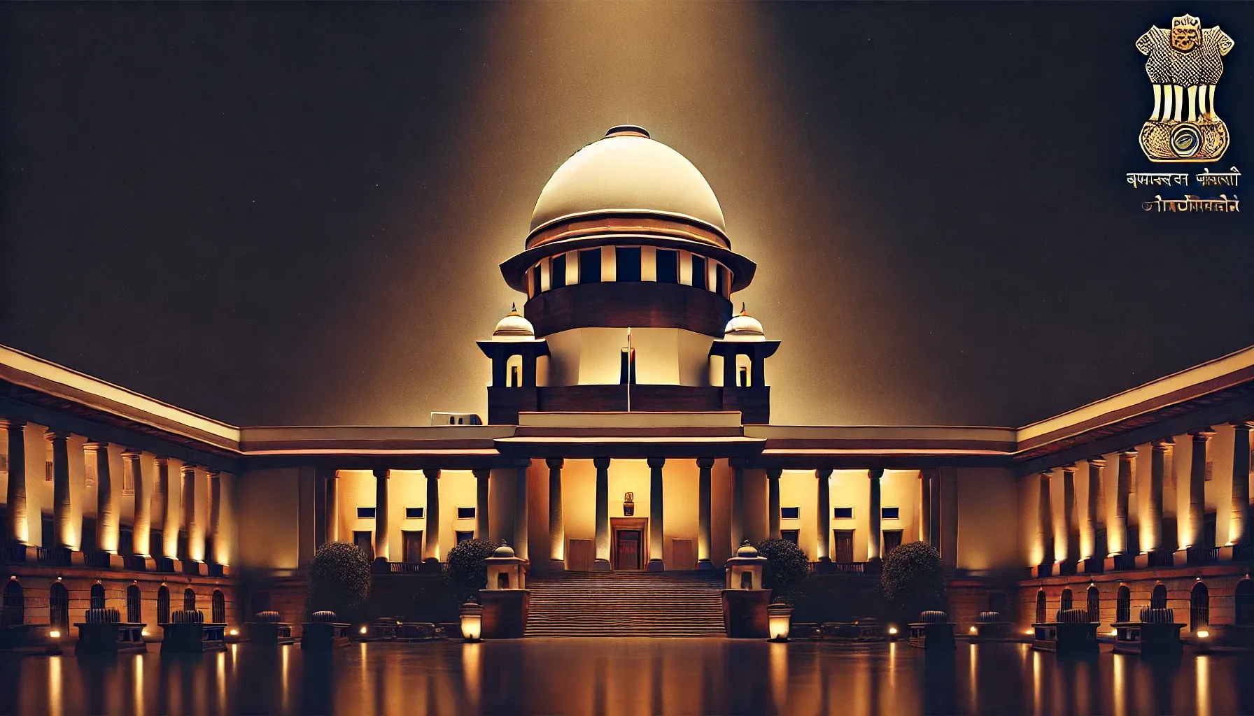 A highly realistic digital painting of the Supreme Court of India at night, with a dark background.